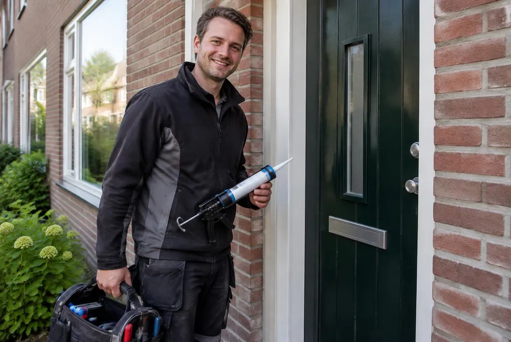 Vakman van Kitbedrijf Voorschoten bij de voordeur van een woning
